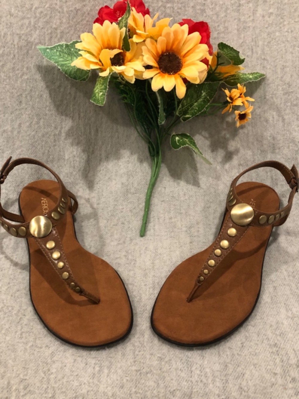 NWOT - Brown Thong-style Sandals with Golden Studs & Buckled Strap